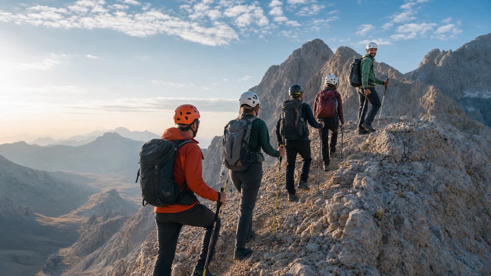 A mountaineering group approaching a summit safely in the Aladağlar Mountains