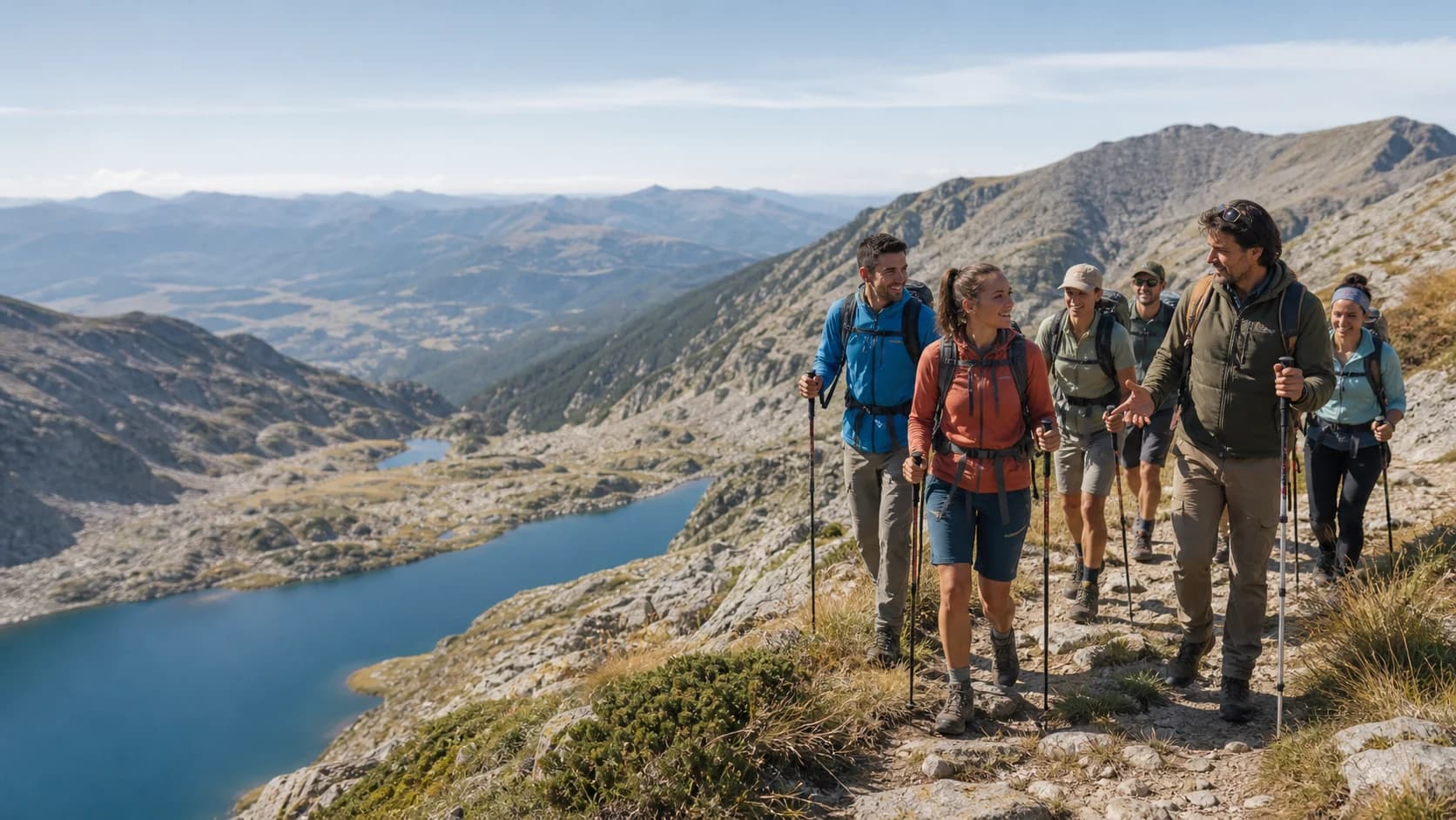 A group hiking above the glacial lakes of the Rila Mountains