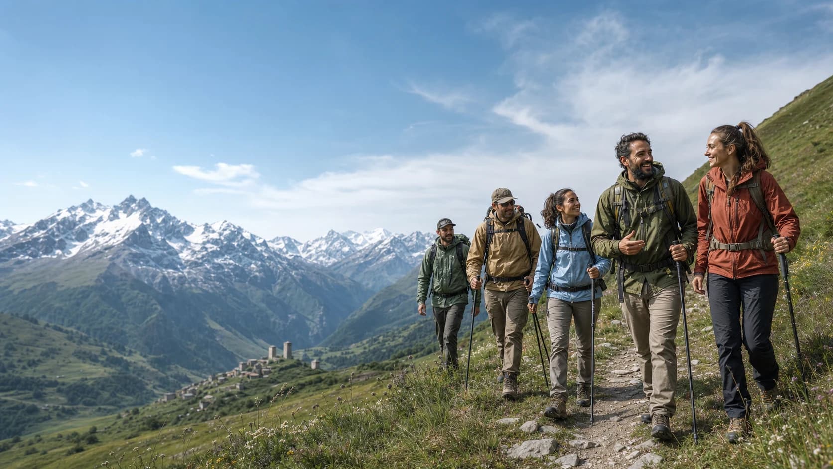 A group hiking above the Svaneti valley and Caucasus peaks