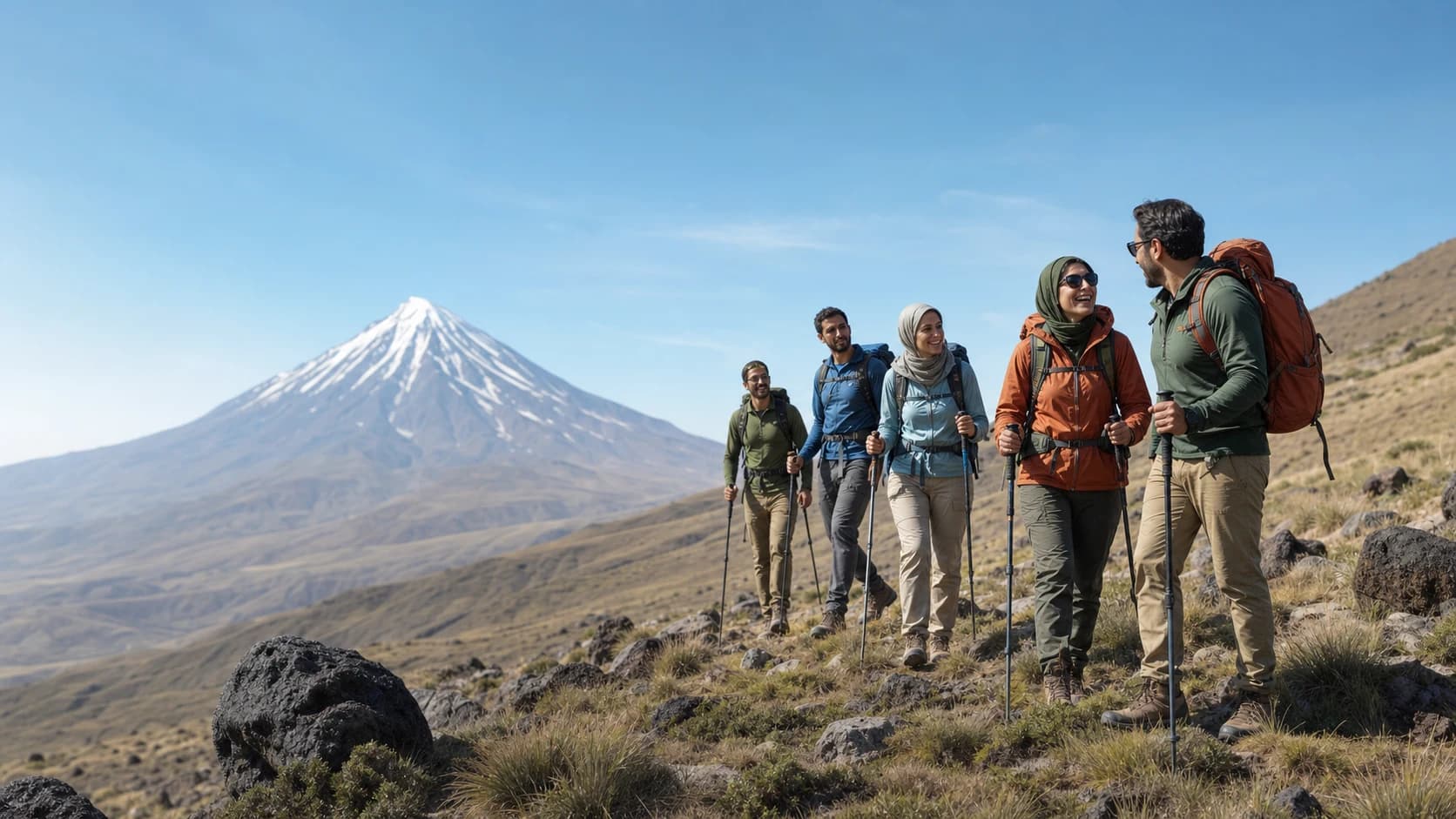 Mountaineers hiking with a local guide in the foothills of Damavand