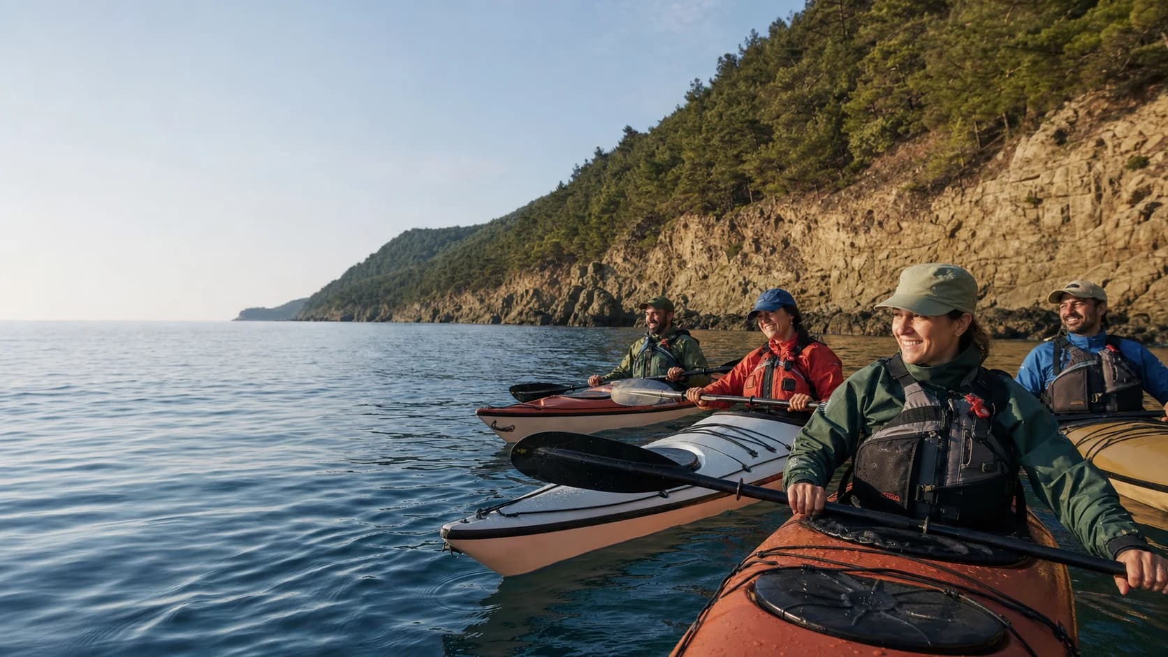 Sea kayakers paddling together along the Thracian coast