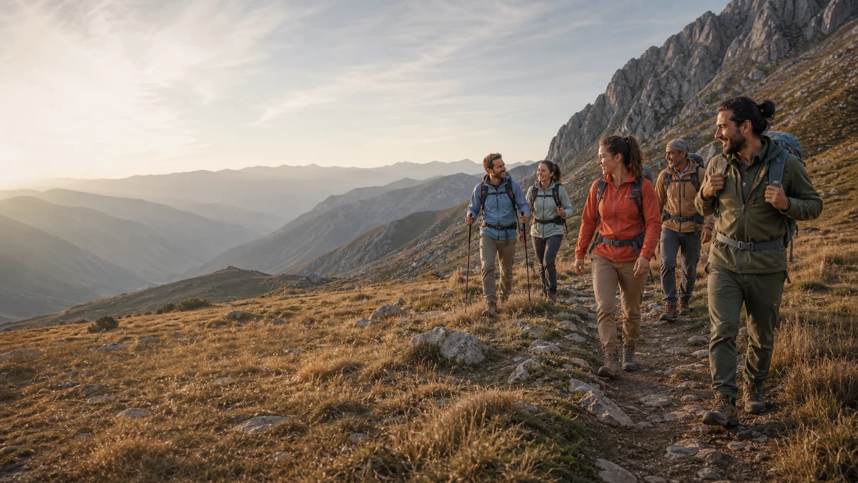Happy hikers moving together through the mountains of Anatolia
