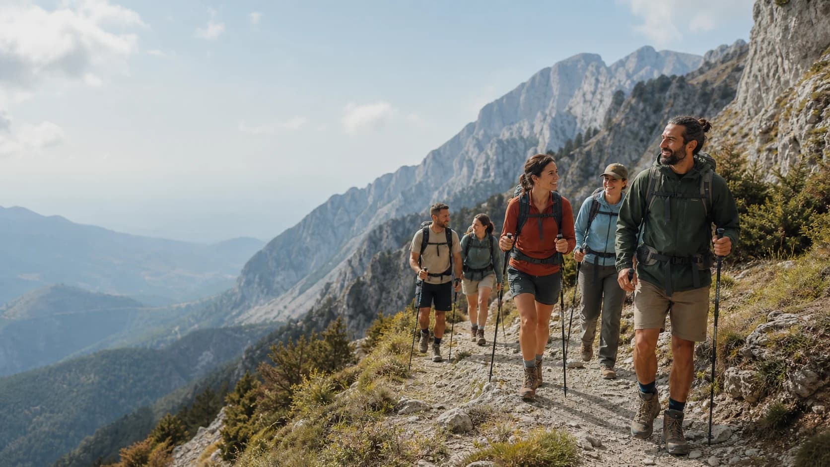 A group hiking with a local guide on a Mount Olympus trail