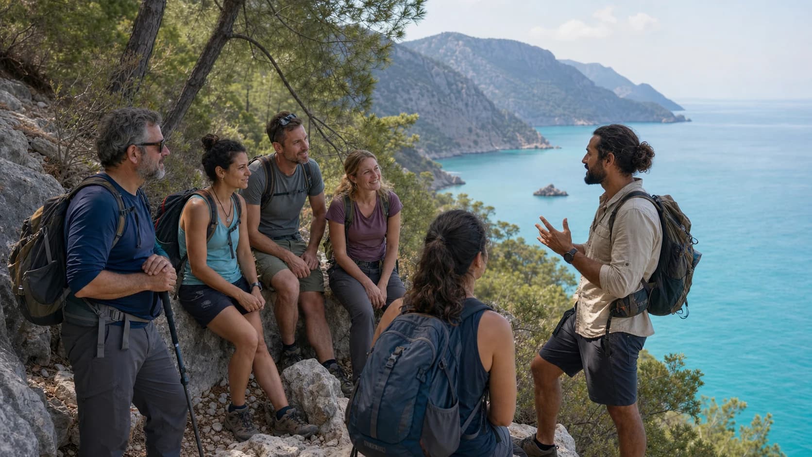 A happy group walking the Lycian Way with a local guide