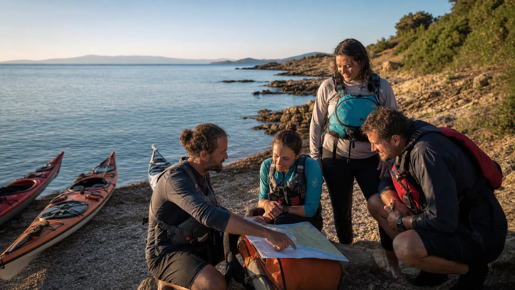 A group reviewing a route map after sea kayaking on the Saros coast