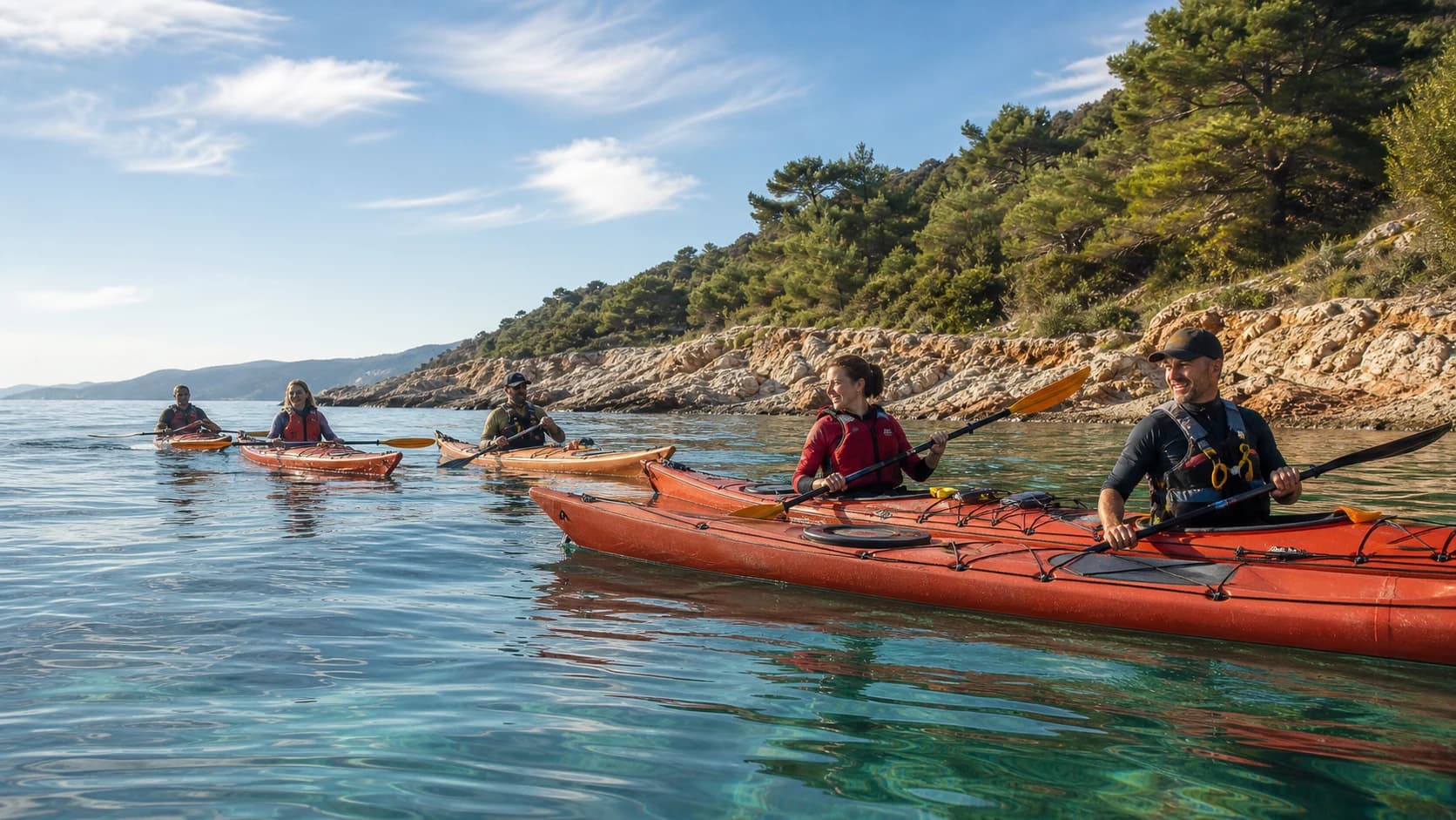 A sea-kayaking group paddling safely along the coast of Saros Bay
