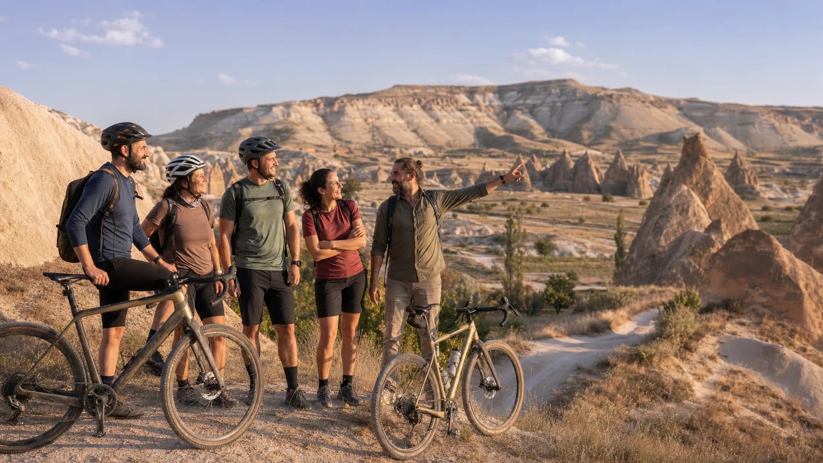 Happy riders and a local guide pausing with their bicycles in the valleys of Cappadocia