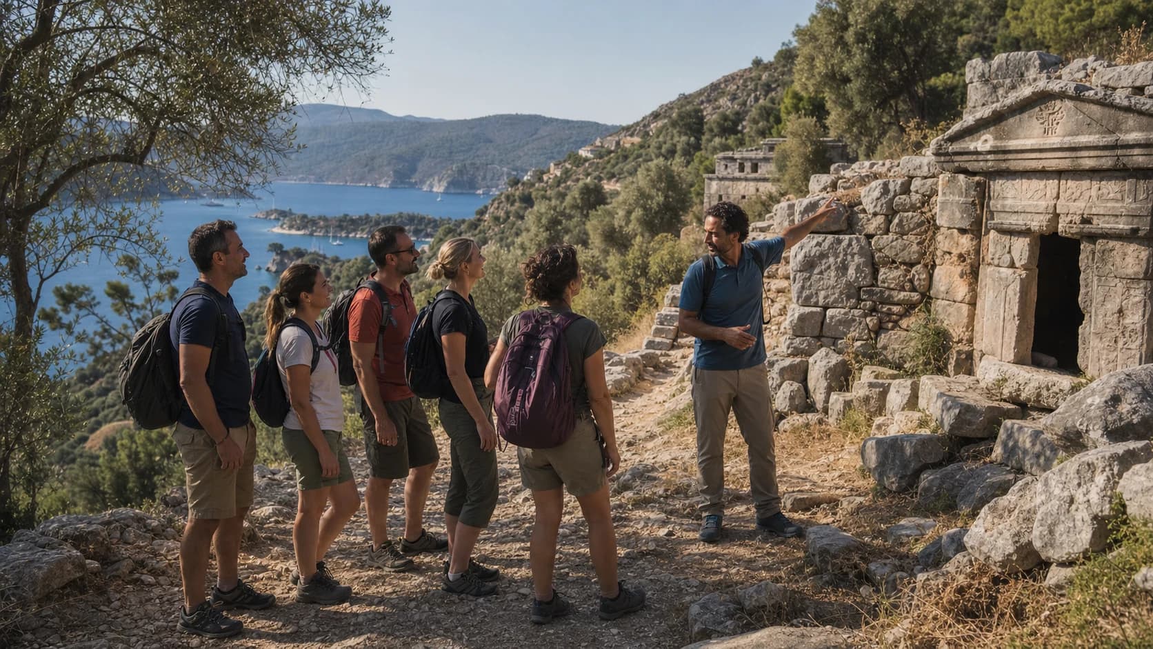 Walkers exploring an ancient stone structure with a local guide on the Lycian Way