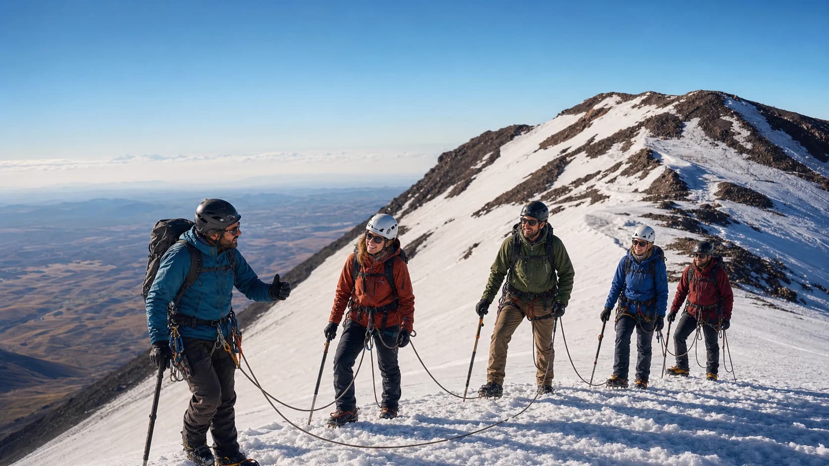 A mountaineering group progressing safely on Mount Ararat
