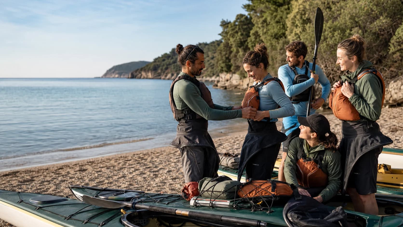 Happy athletes checking personal safety equipment before sea kayaking