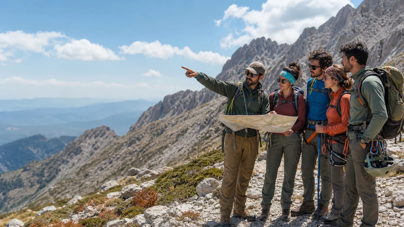 A cheerful and prepared mountaineering group listening to a guide in high mountain terrain
