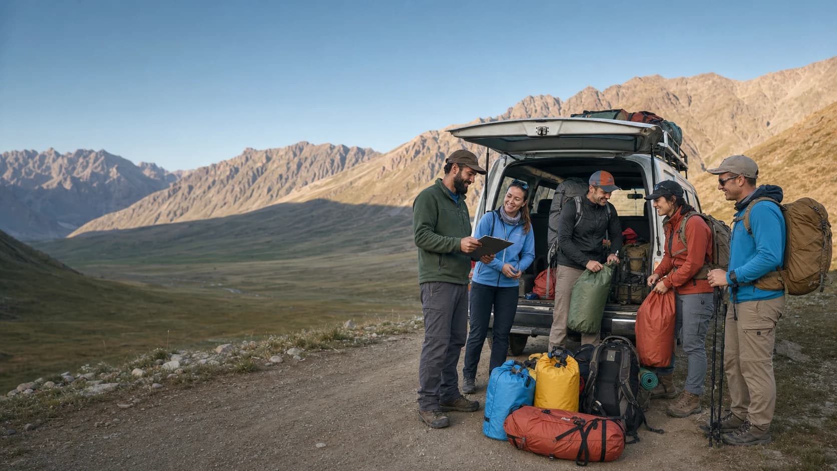 A hiking team smiling as they check equipment and route flow in a Kaçkar highland village