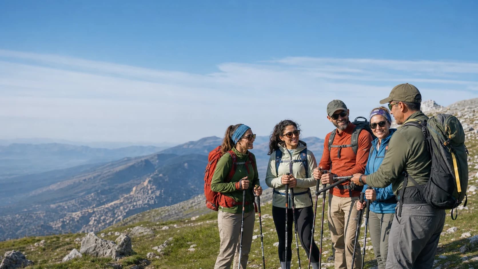 Energetic and motivated athletes practising technical movement with a guide before a mountain route