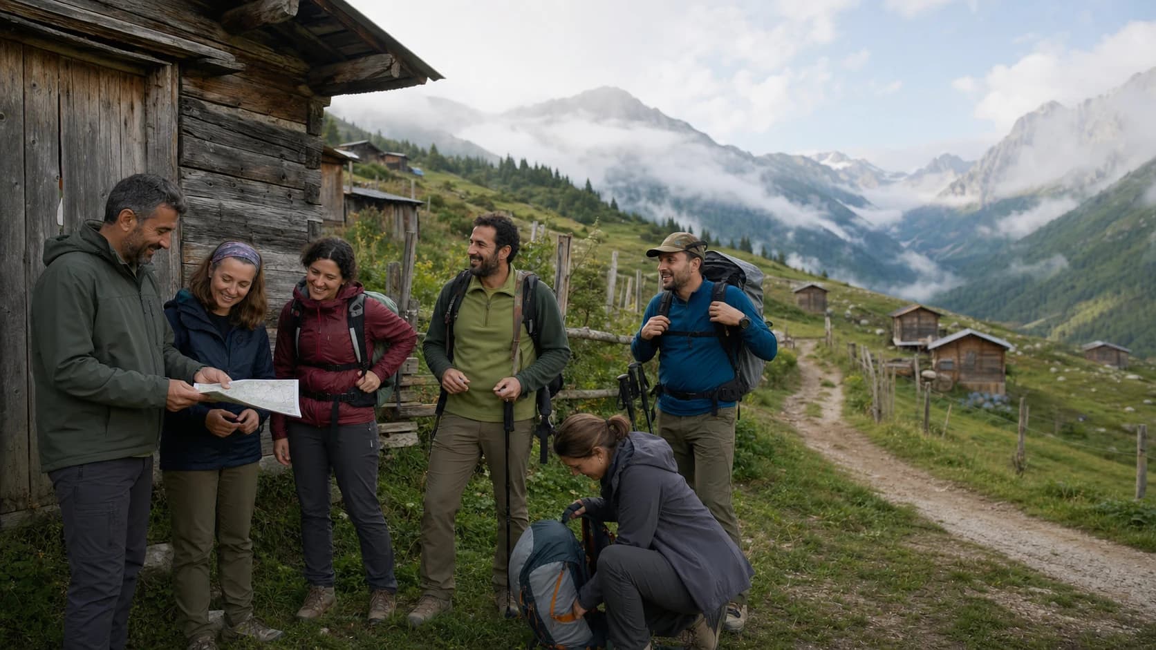 A hiking group preparing for a morning departure in a Kaçkar highland village